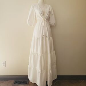 Farm Rio Linen Blend Cut Out Puff Sleeve Tiered Maxi Dress